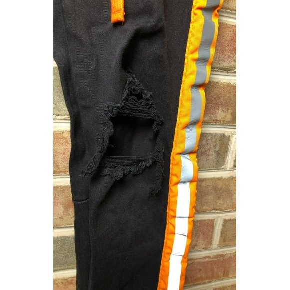KDNK Men's Sz 32 Stretch Destroyed Knee, Ankle Zip, Black w/Orange Stripe & Draw - Picture 2 of 8